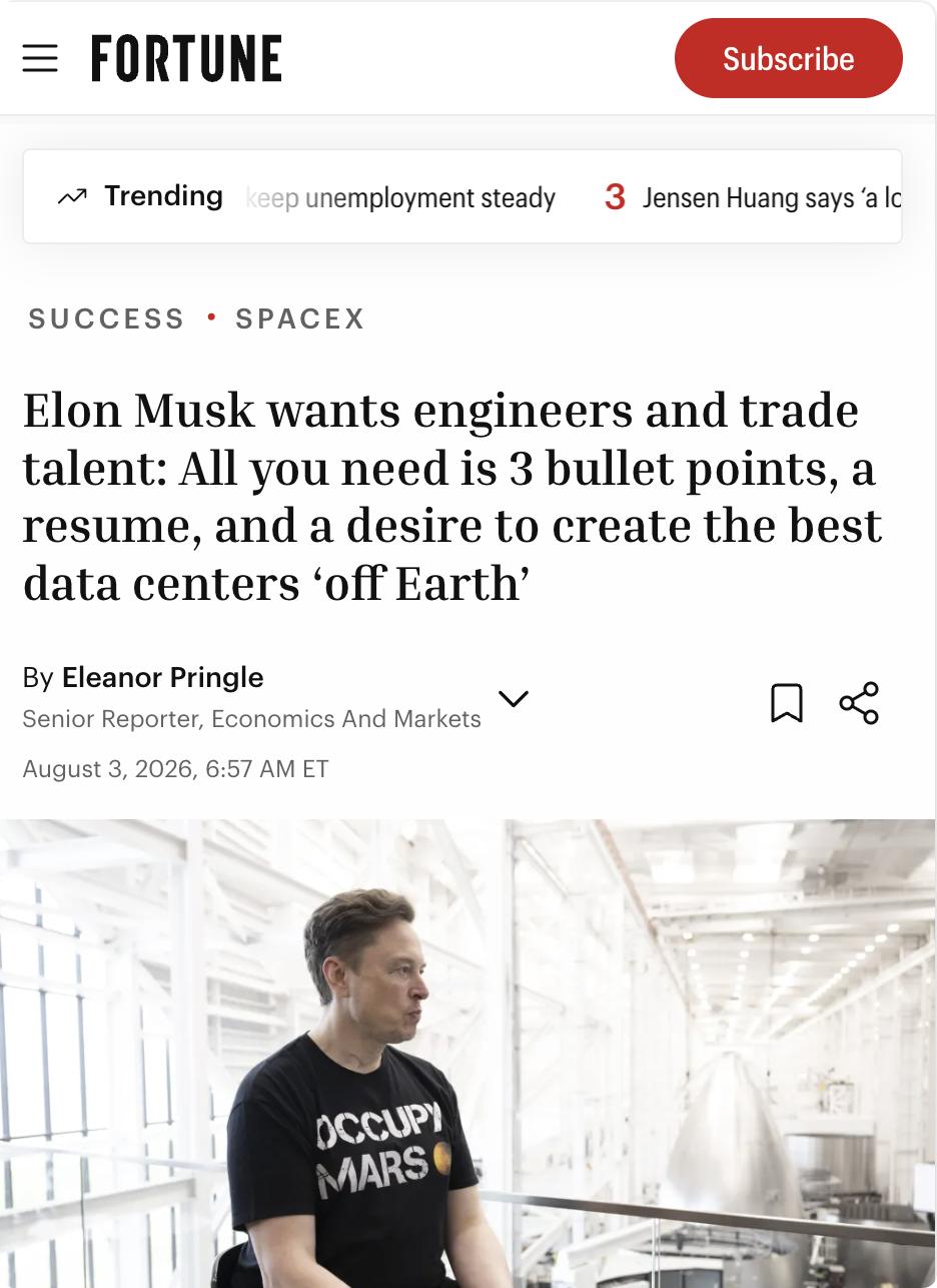 外媒：马斯克在X上发文为SpaceX招聘工程师和技工人才，要求申请者发送简历及3