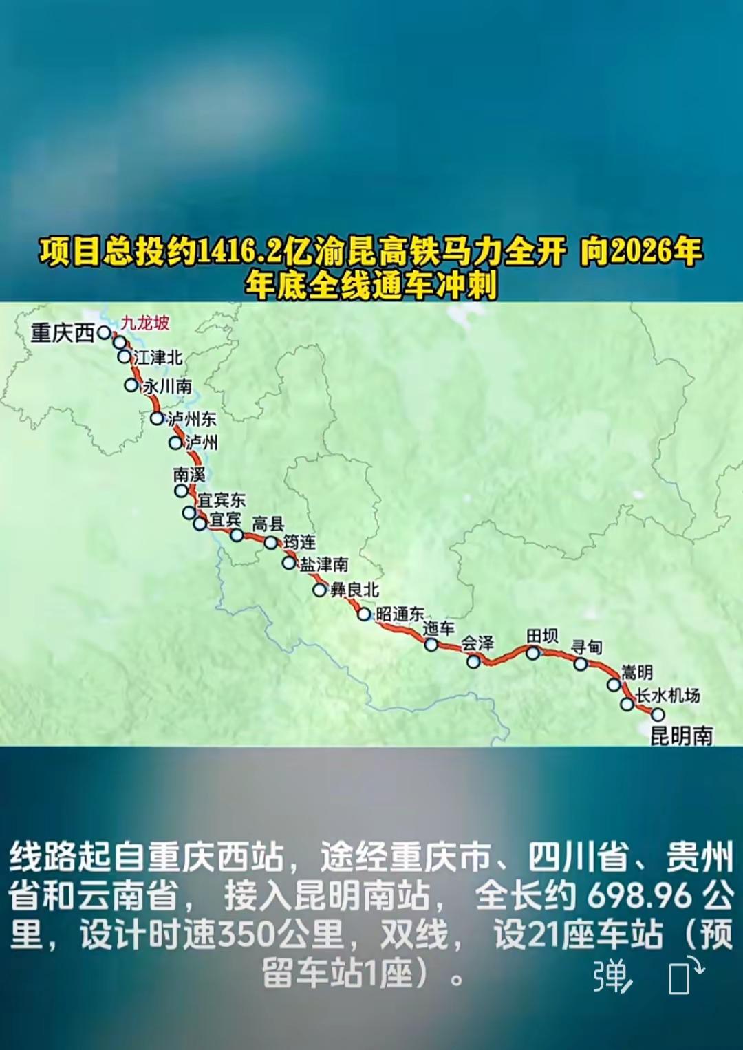 新建正线681公里，由中国国家铁路集团有限公司与重庆、四川、云南等省（市）组建项