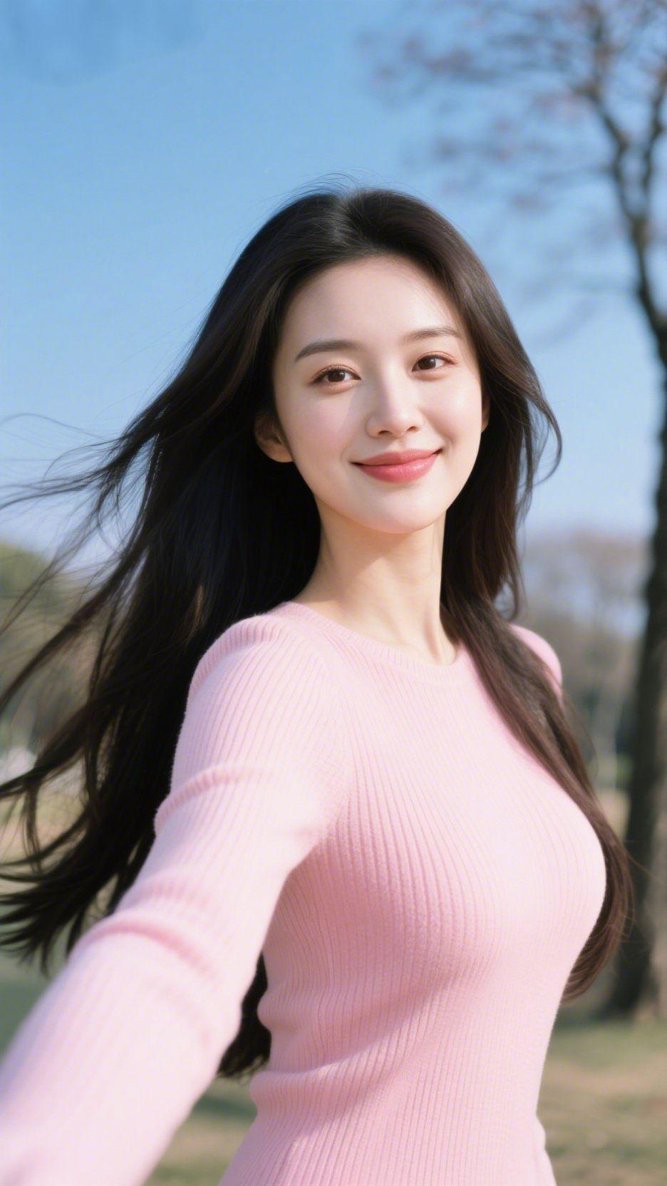 风裹粉绒春晴里天是透亮的蓝，风携着软暖掠过发梢，她身上的粉毛衣像揉了团春日