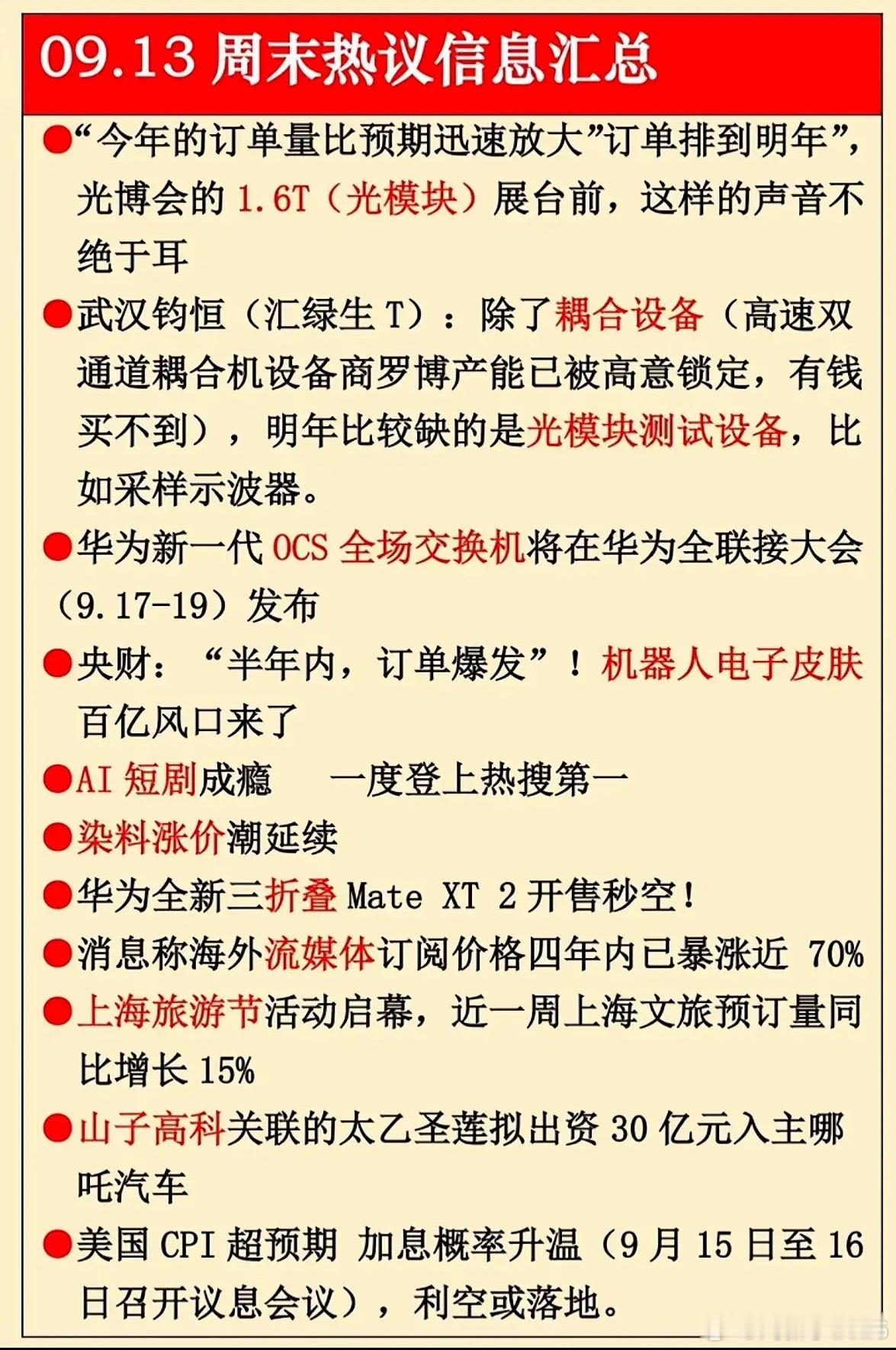 9月13日周末热点信息，科技和旅游齐飞。​​​