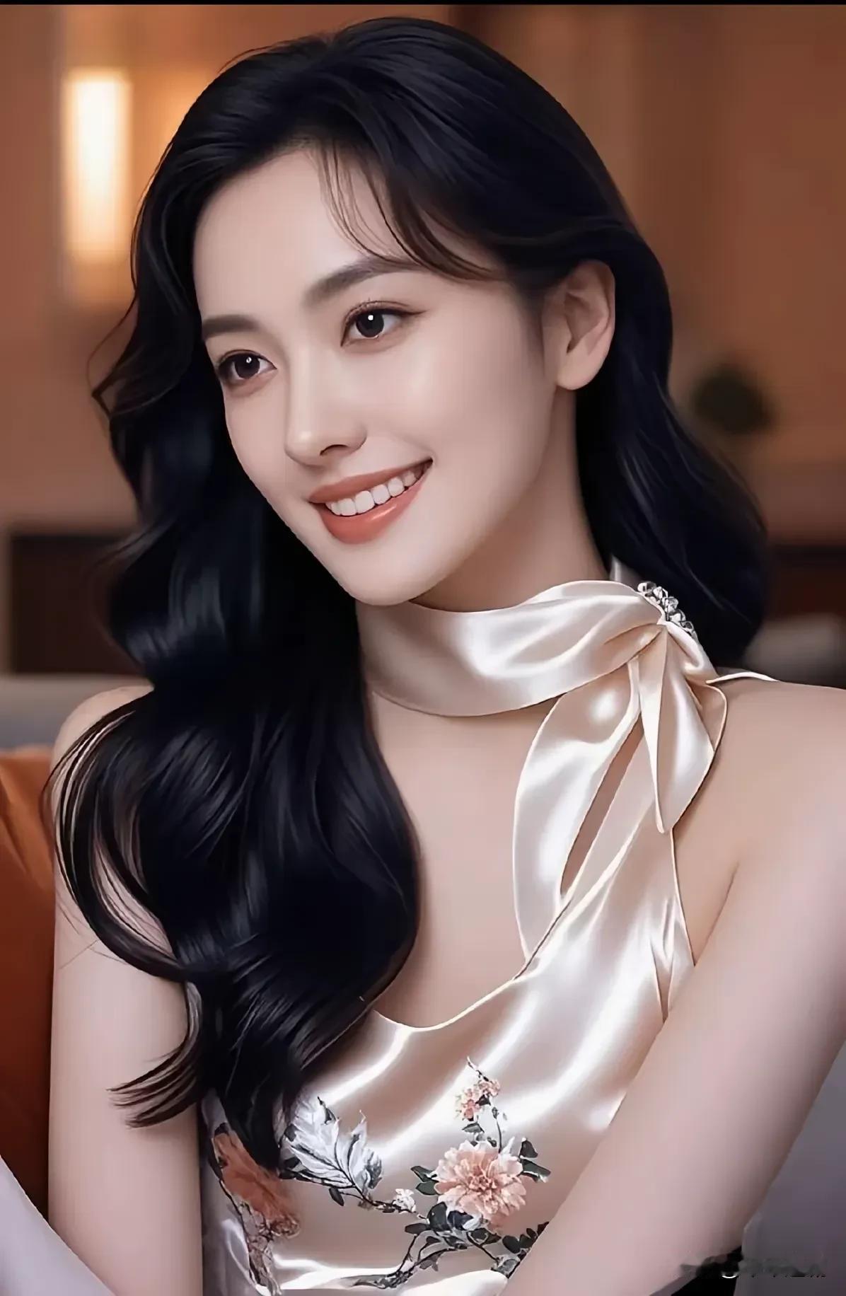 缎面裙裹着柔暖的光，发丝卷成慵懒的弧度，颈间蝴蝶结轻垂——这一笑，是把温柔酿成了