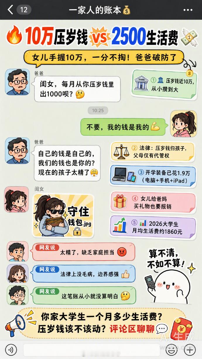 【女儿拒动用十万压岁钱支付生活费】父亲称女儿送礼物事后还要报销8月19日，浙江杭