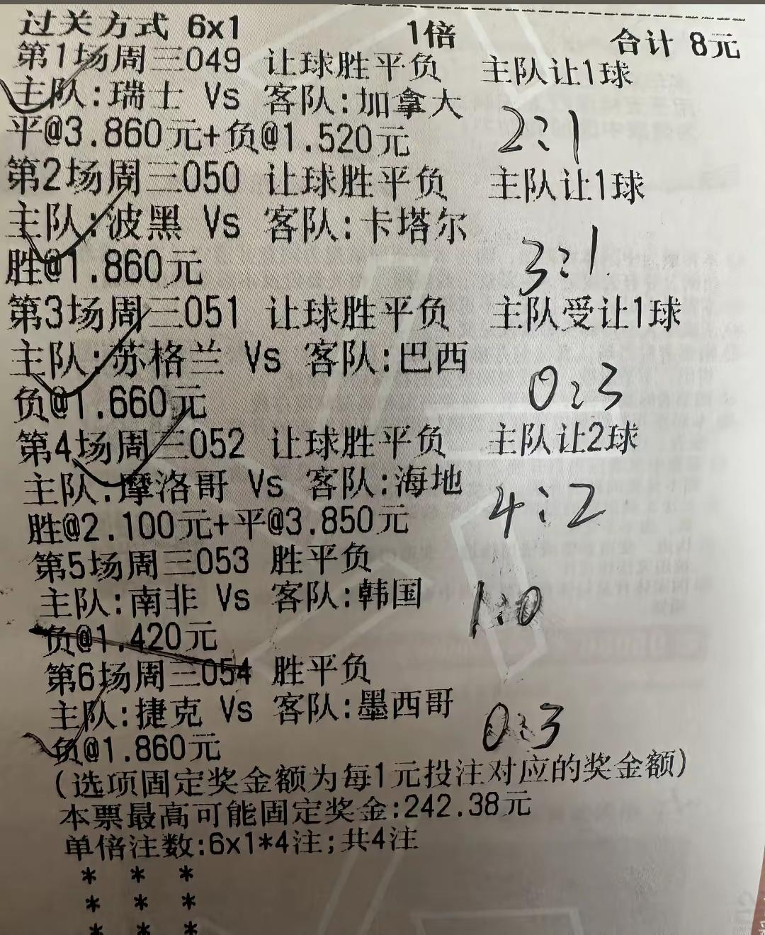这张票型是昨天大部分人投的，最终都是倒在了韩国那一关！如果真的按这个票型的话