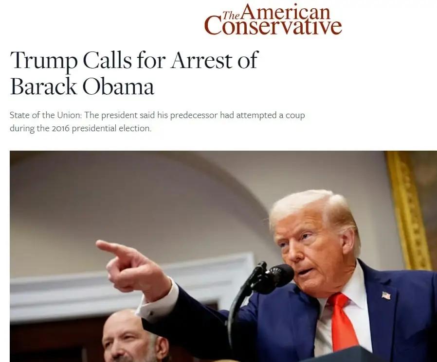 【小段子:我要逮捕奥巴马。】特朗普宣称：“我强烈要求逮捕前总统奥巴马。”记者