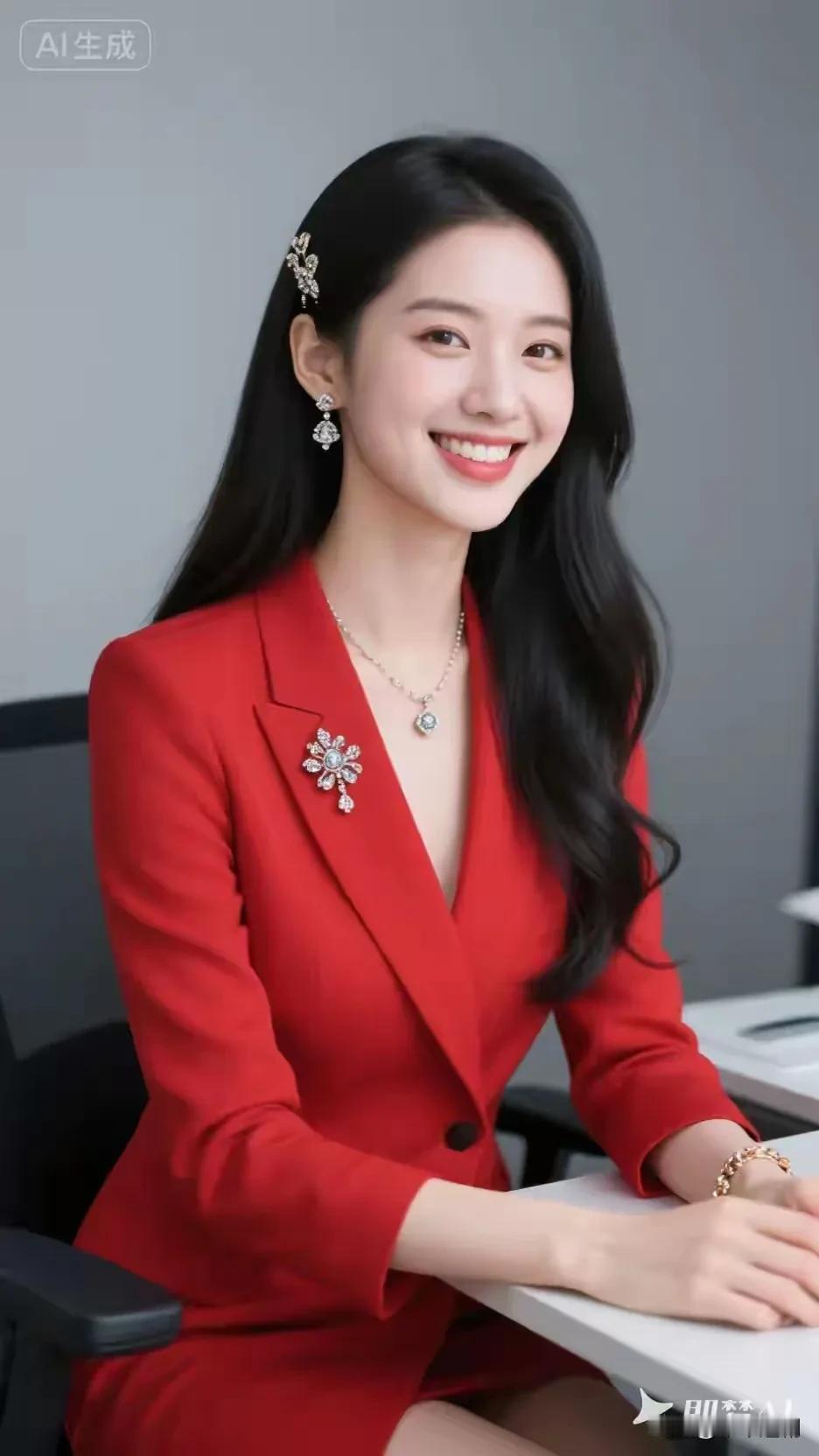 什么样的穿搭可以成为气质女神?红西装的气场，是自带的底气。耳饰与胸针的光，是