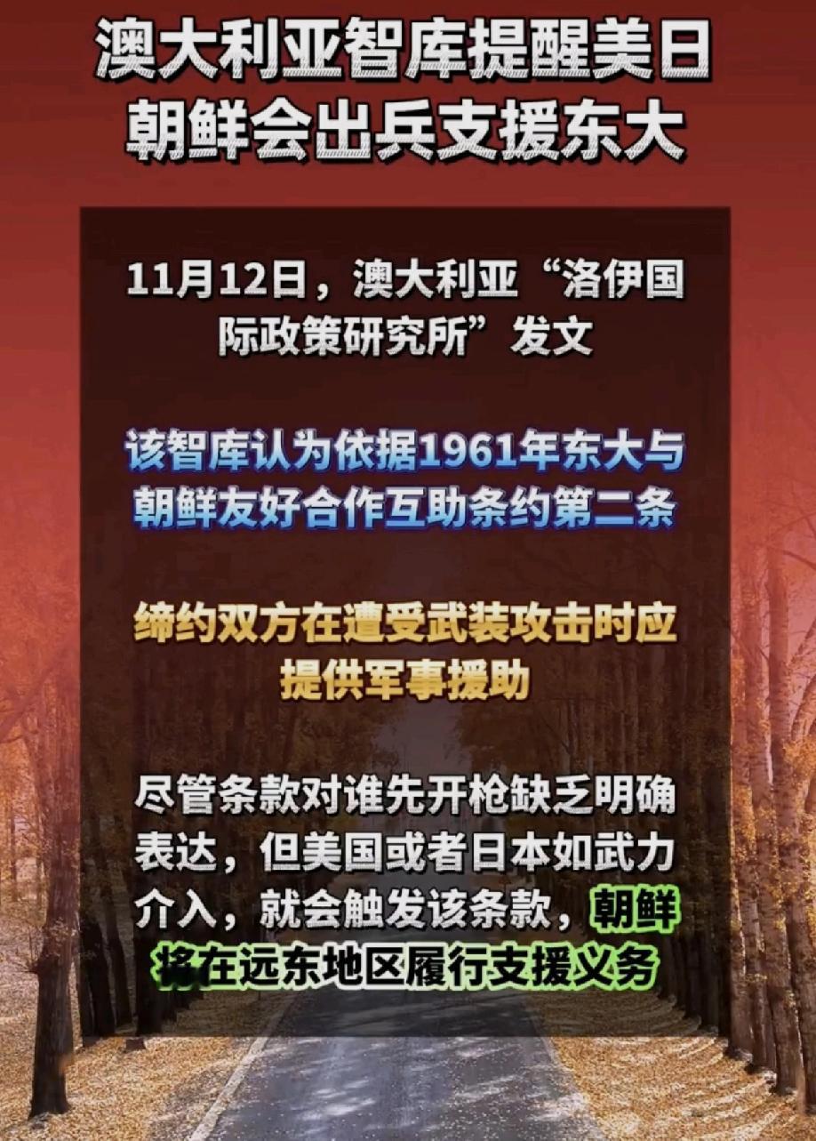 澳大利亚智库提醒：如果日本武力介入台海，将会自动触发《中朝友好合作互助条约》中的