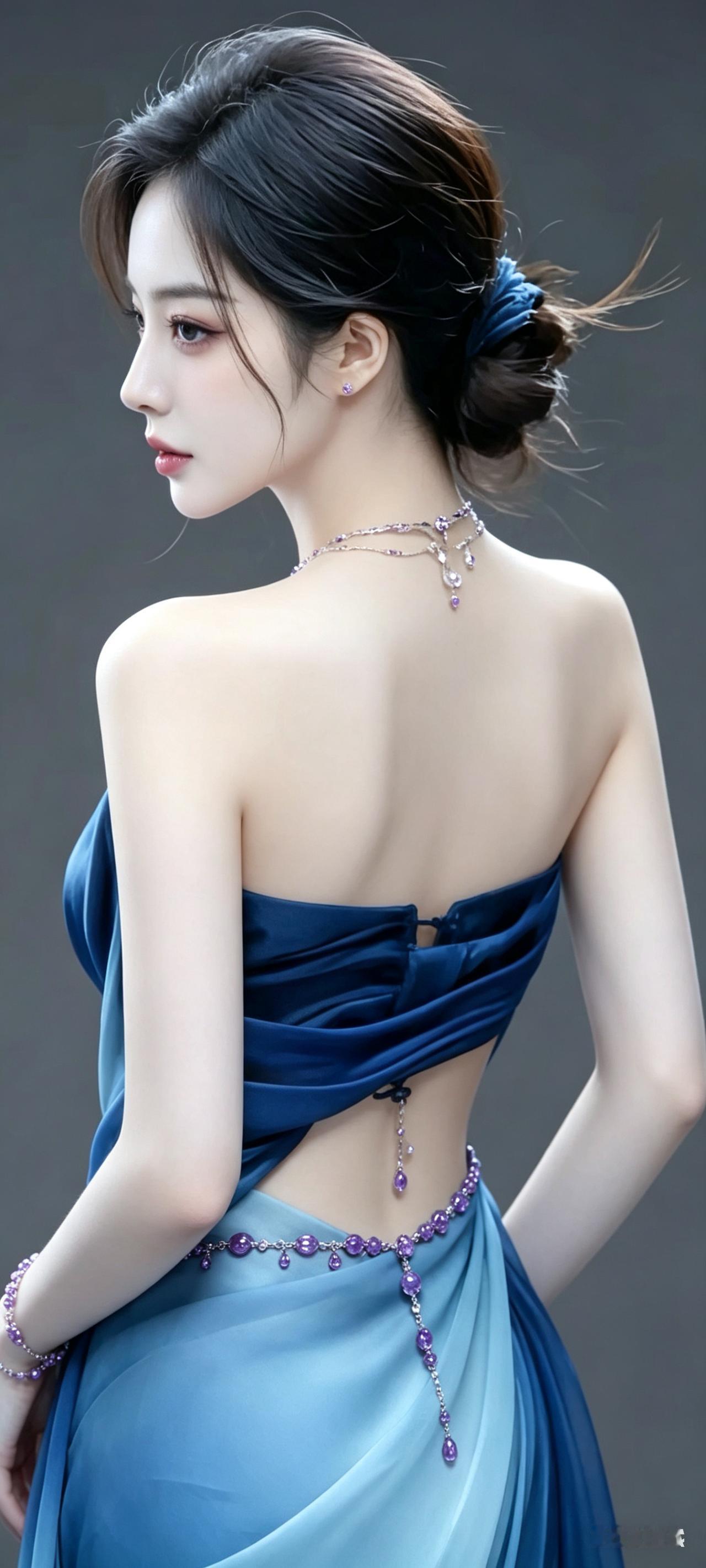 真人写真，深海蓝纱长裙飘逸灵动，周身缀满璀璨紫钻。少女绝美侧颜线条柔和，肤白如玉