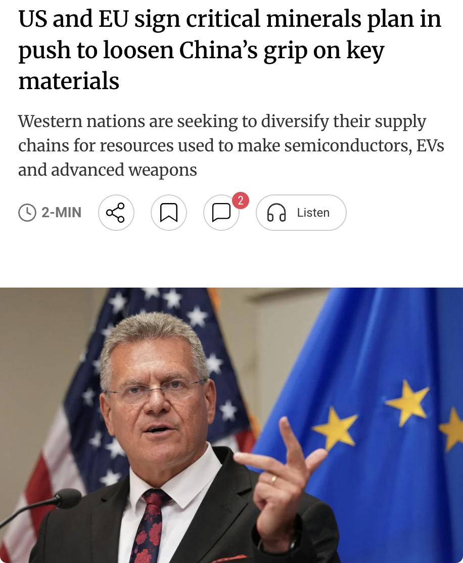 外媒：美国与欧盟4月25日签署关键矿产合作备忘录，旨在减少对中国在半导体、电动汽