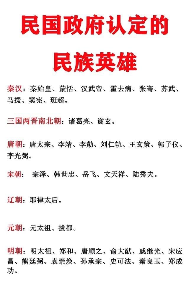 看到民国政府认定的这些民族英雄名单，能从中看出当时对历史人物的评判角度。先说