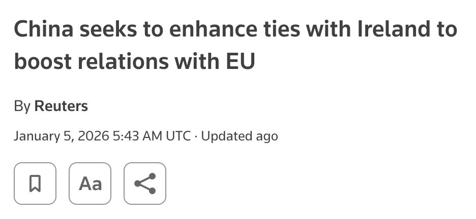 外媒：1月5日，在北京访问的爱尔兰总理马丁表示，爱尔兰承认中国在全球的“不可或缺