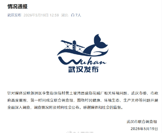  据武汉发布，针对媒体反映新洲区李集街张信村黄土坡湾昌盛泡花碱厂相关环境问题，武
