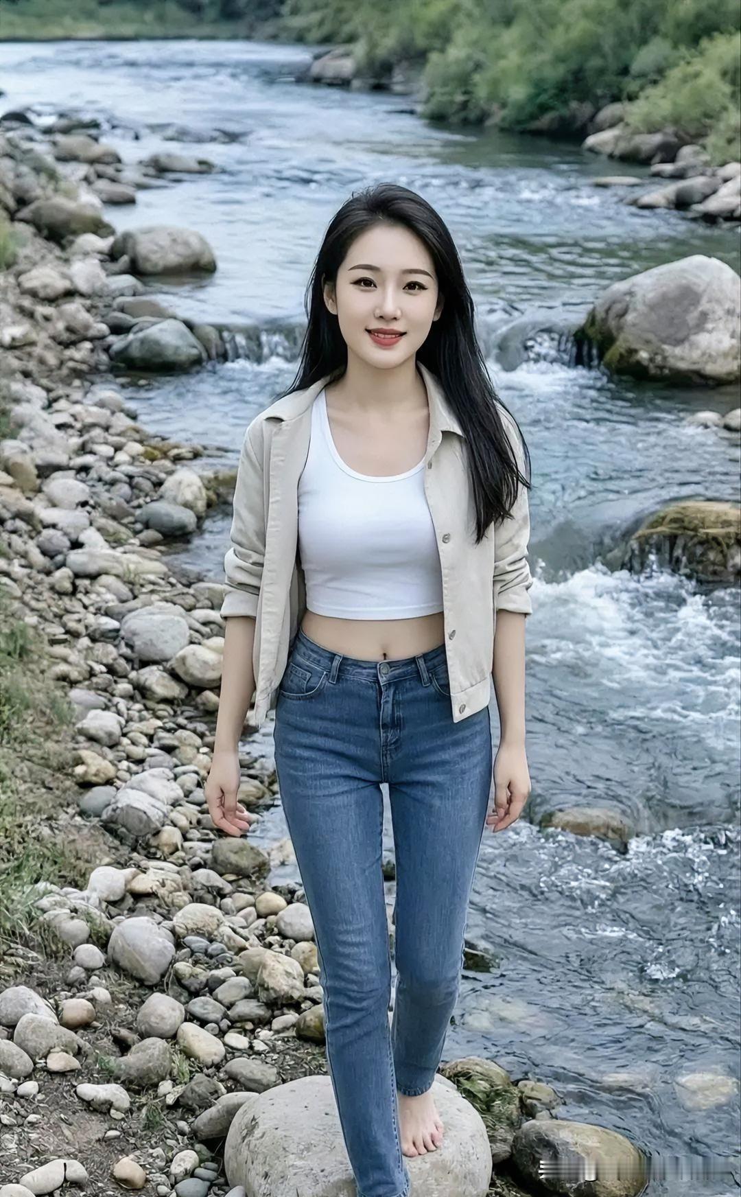 溪水潺潺石径斜，素衣牛仔映芳华。赤足轻踏圆石上，笑意盈盈沐晚风，尽显自然之美。