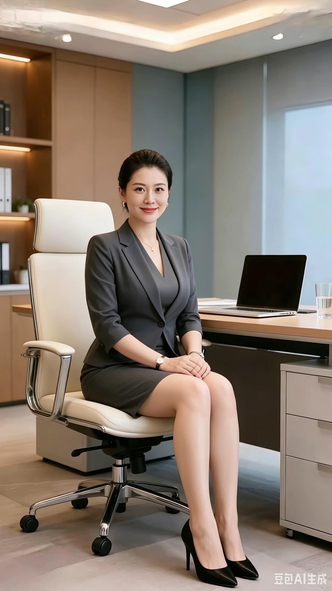 办公室中，一位年轻姑娘身着干练西装，模样清秀，身材匀称。她搭配着精致的项链、耳环