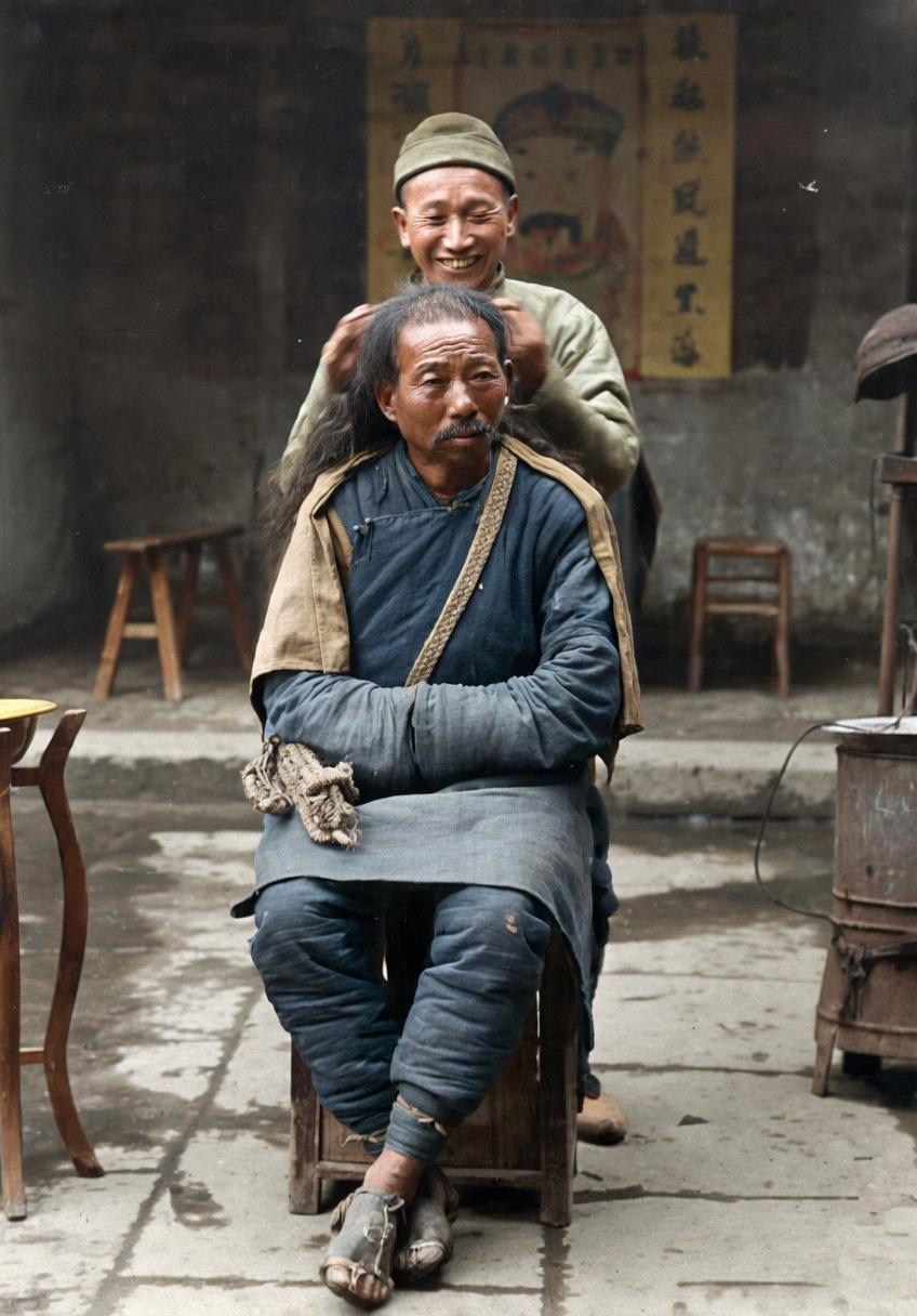 清末，街头露天剃头摊，设在临街的石板路上，没有固定店铺，仅靠一把简易木椅、一套剃