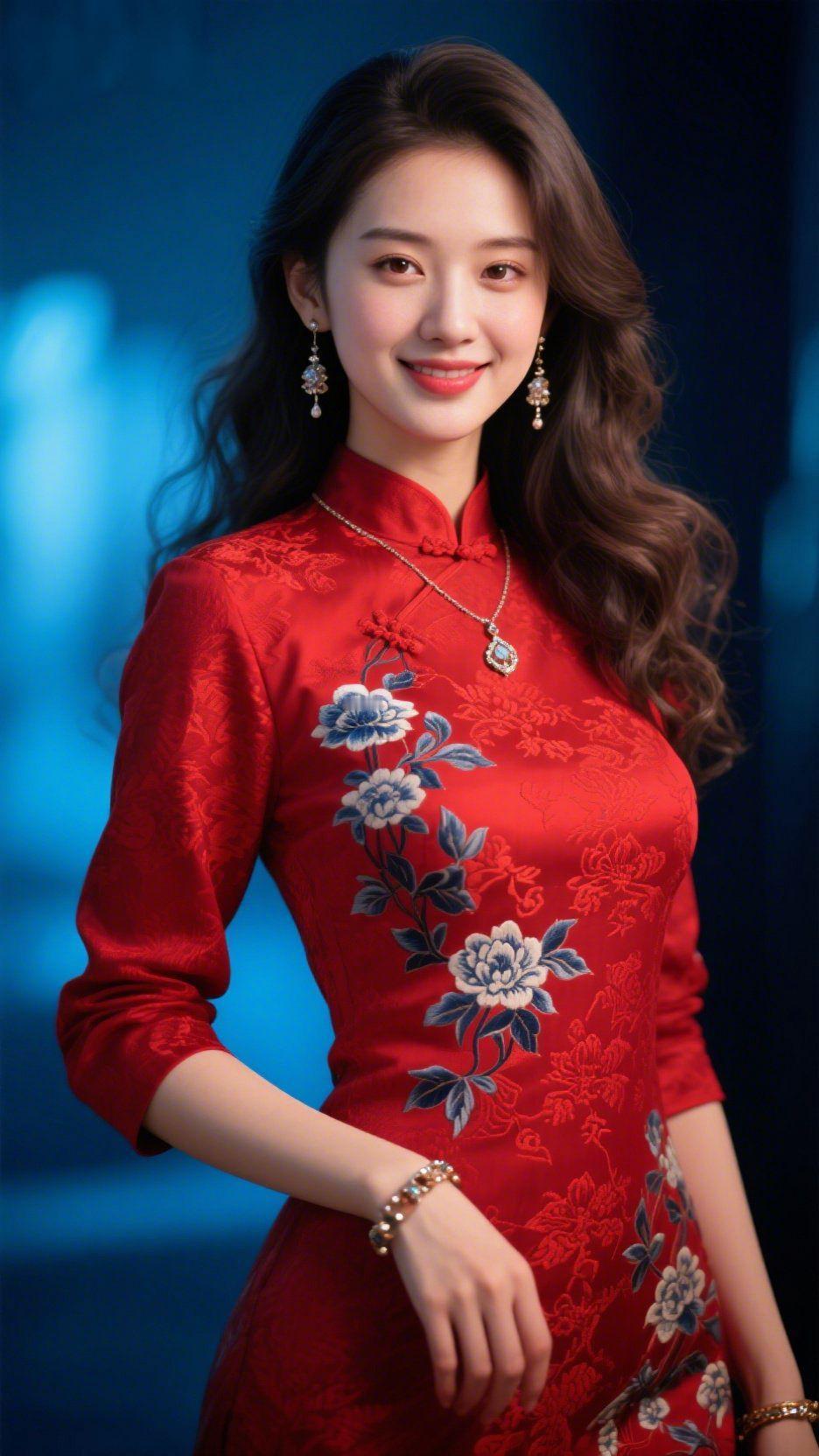 《红绸裹春，雅韵藏眸》一袭正红旗袍，是时光凝就的朱砂色，淌在缎面的柔光里。