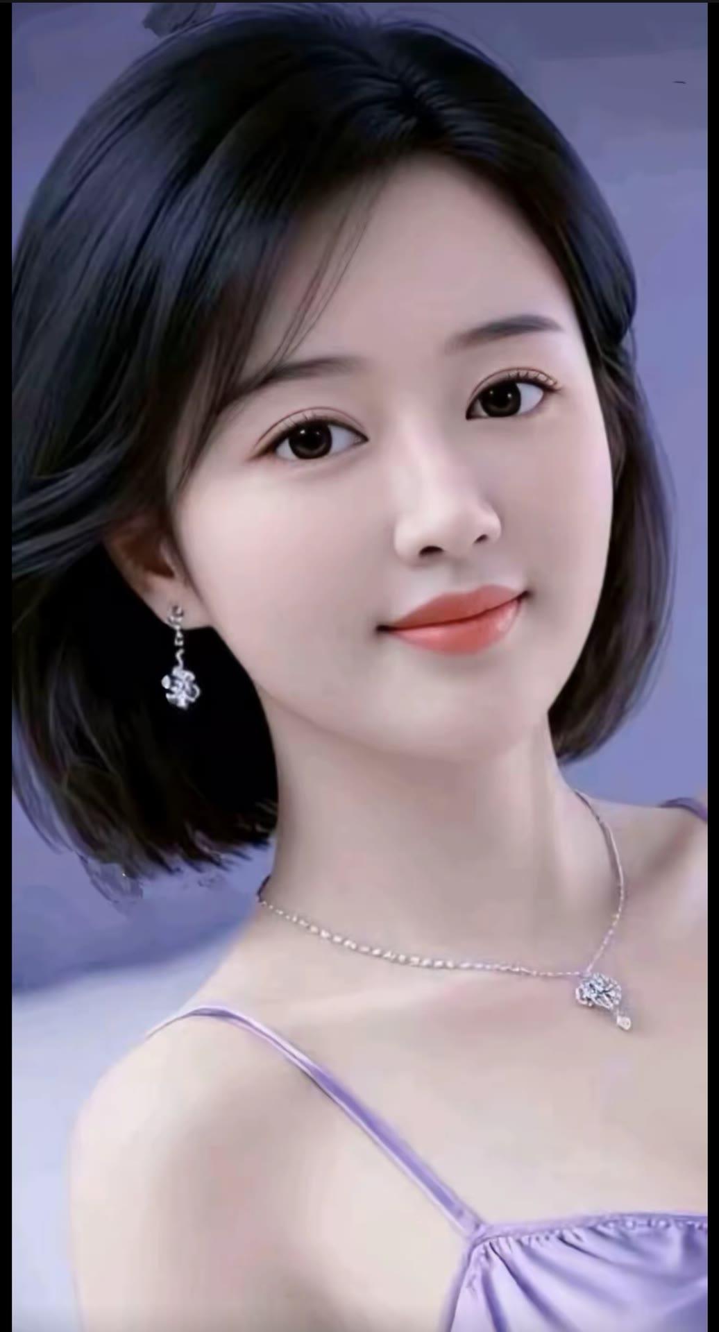 温柔甜美的少女，紫色吊带裙，闪闪发光的耳环和项链，微笑中透出甜美。