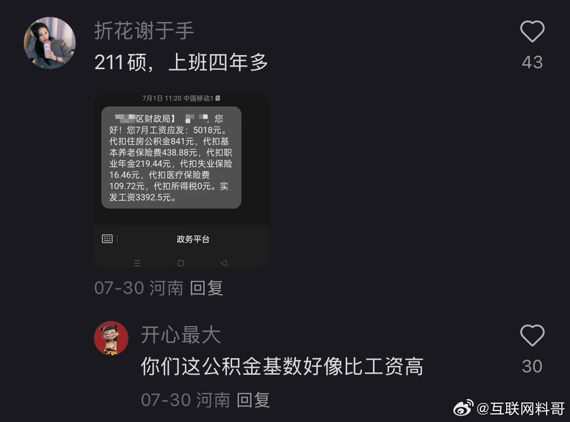 河南体制内某单位的工资明细。。。这工资水平太难了！​​​