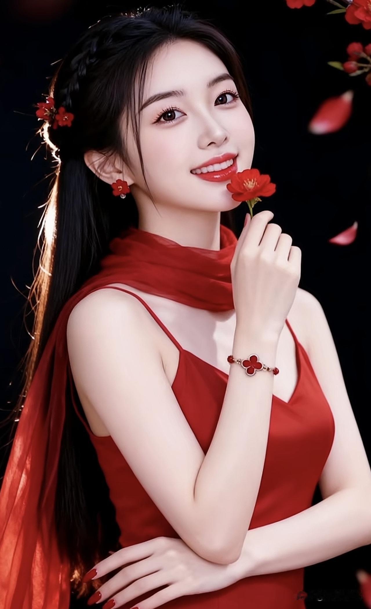 红衣少女，花间微笑，温婉动人玫瑰红裙少女红衣温柔少女红衣女拍照红衣温柔少女