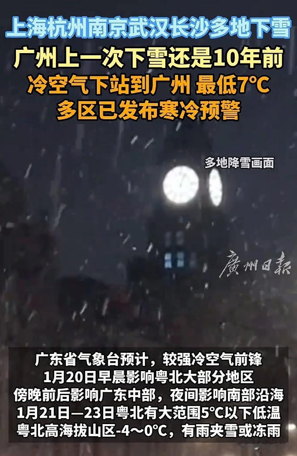 广州十年一遇的雪刚刷到广州下雪的消息，我直接愣了三秒——印象里这里只有短袖