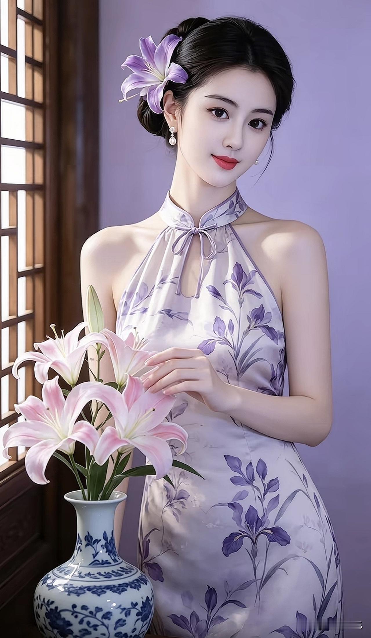 花间美人，玉簪轻挽。绿裙花间玉簪写真蓝白玉簪玉簪写真蓝白玉簪蓝花玉簪