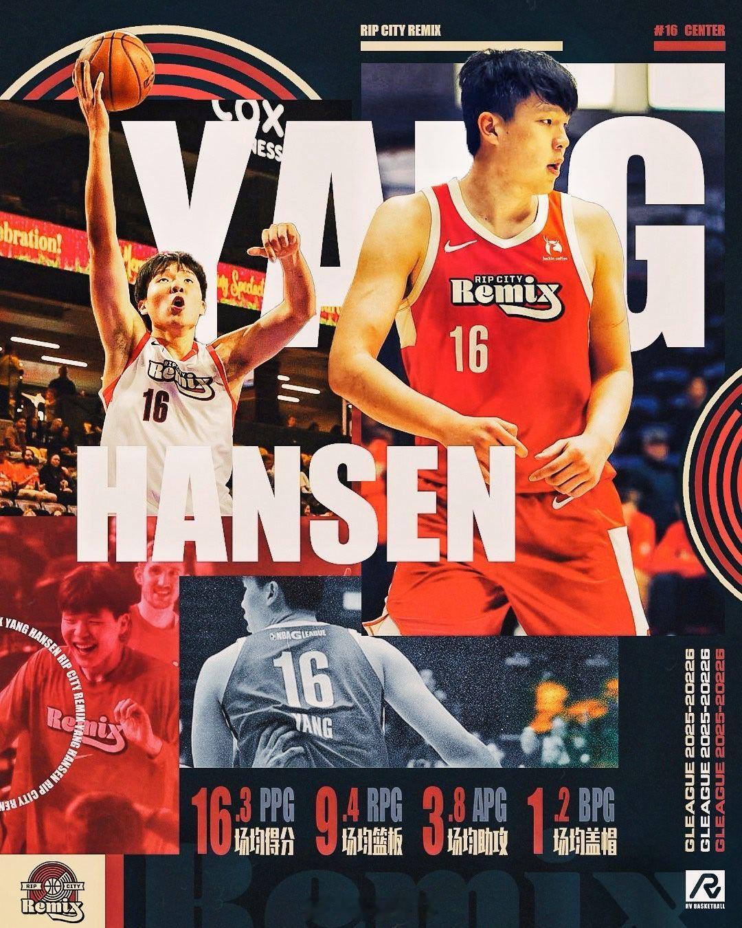 杨瀚森目前出战了5场G联盟混音队的比赛，场均登场30.8分钟，能拿到16.2分、