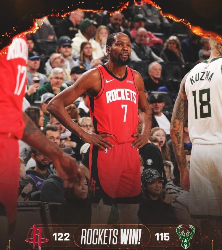 火箭122-115力克雄鹿。杜兰特不容易呀！上半场正负值-15，下半场硬生生的打