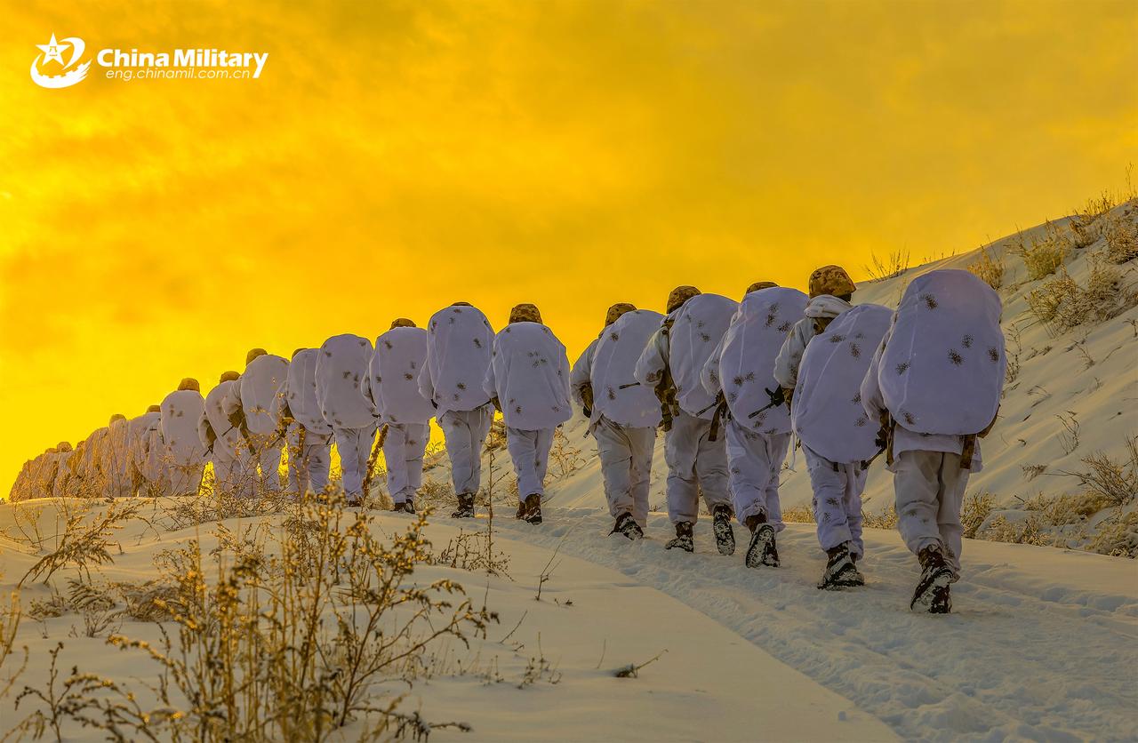我军雪地伪装服，整体为白色，增加了细小的黄褐色斑块，模拟雪地上枯黄的植物以及凸起