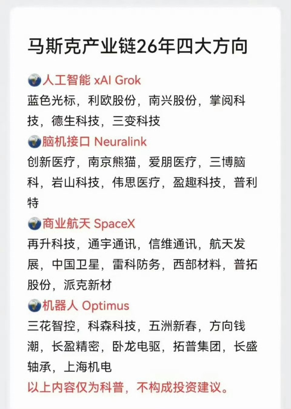 马斯克产业链：26年四大方向：1.人工智能2.脑机接口3.商业航天4.特斯拉机器