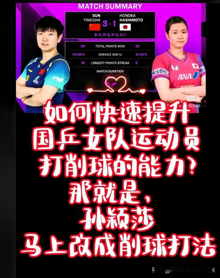 网上看到的一段话：“要想提升国乒女运动员快速力克削球手的能力，那就是孙颖莎改