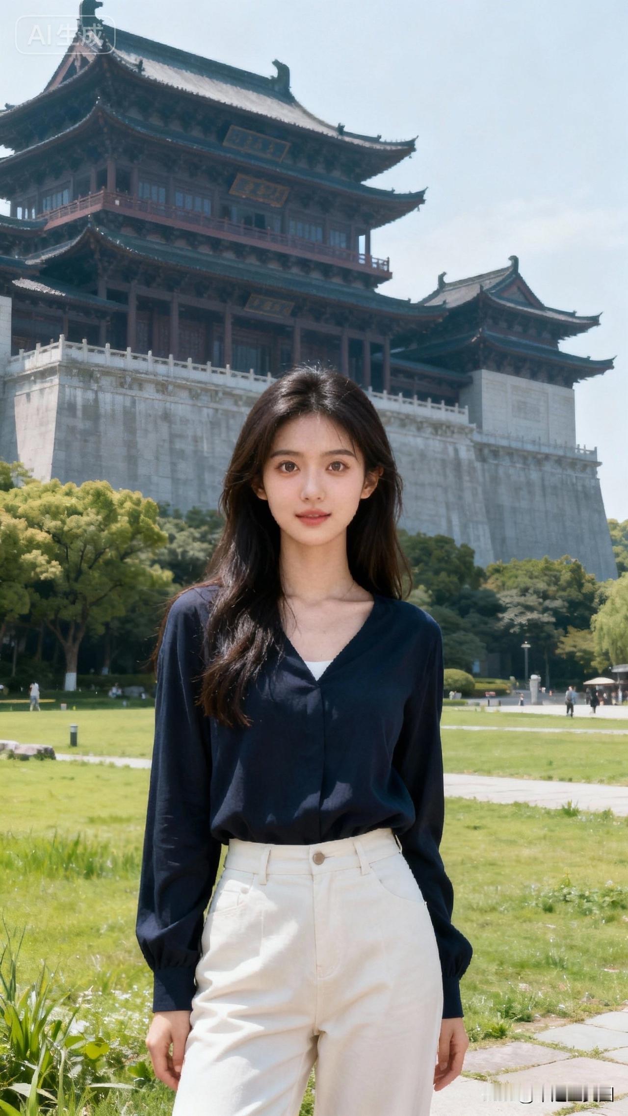 元气少女在湖边，清新自然美如画