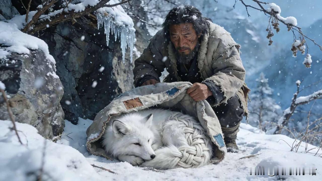 深山樵夫冬日出山，雪地里捡回一只冻得只剩一口气的白狐，裹在怀里暖活后放生，当晚回