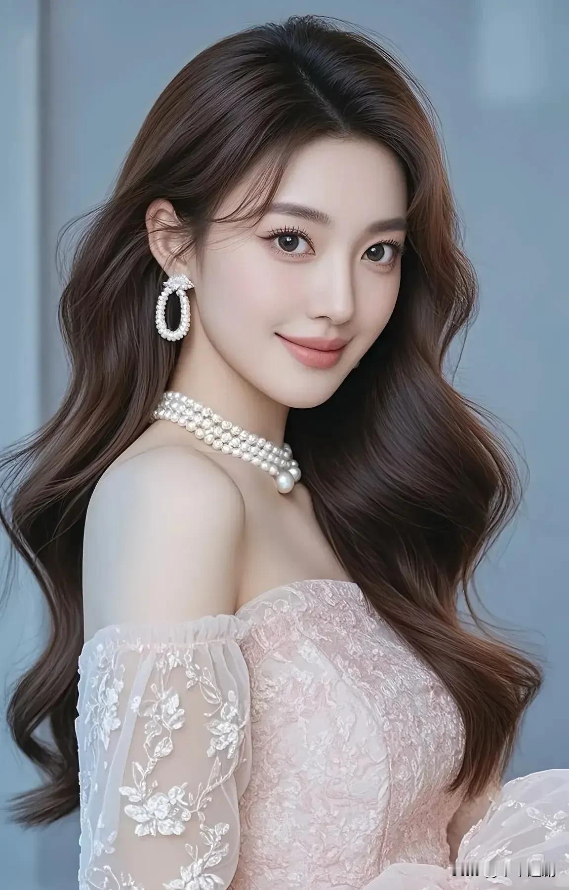 粉纱裙装裹着清甜仙气，珍珠饰件在柔光里漾着温润光泽，暖棕卷发轻垂间，是兼具优雅与