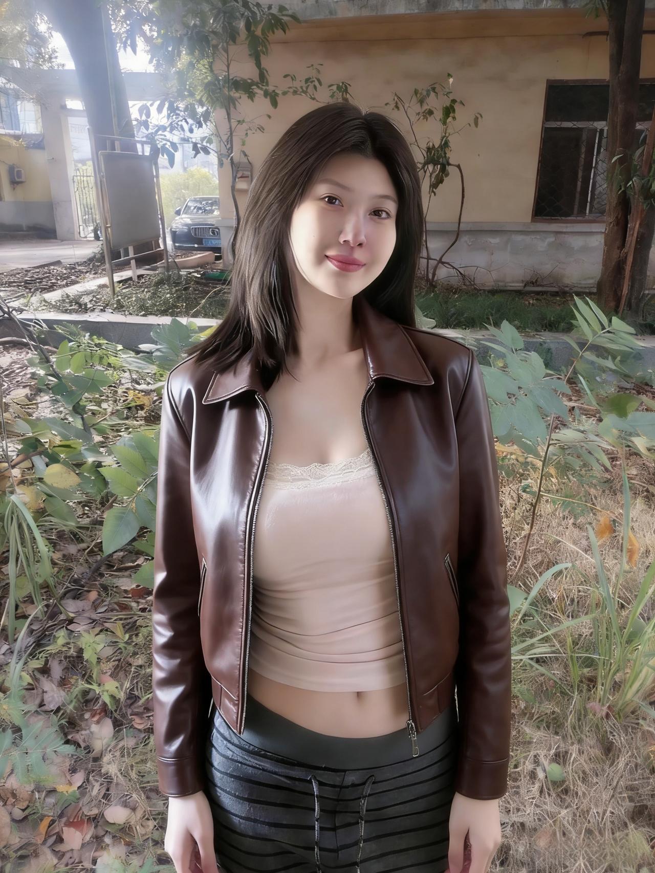 皮衫凝暮色，飒影走街头。眉底藏星子，何须借月柔。