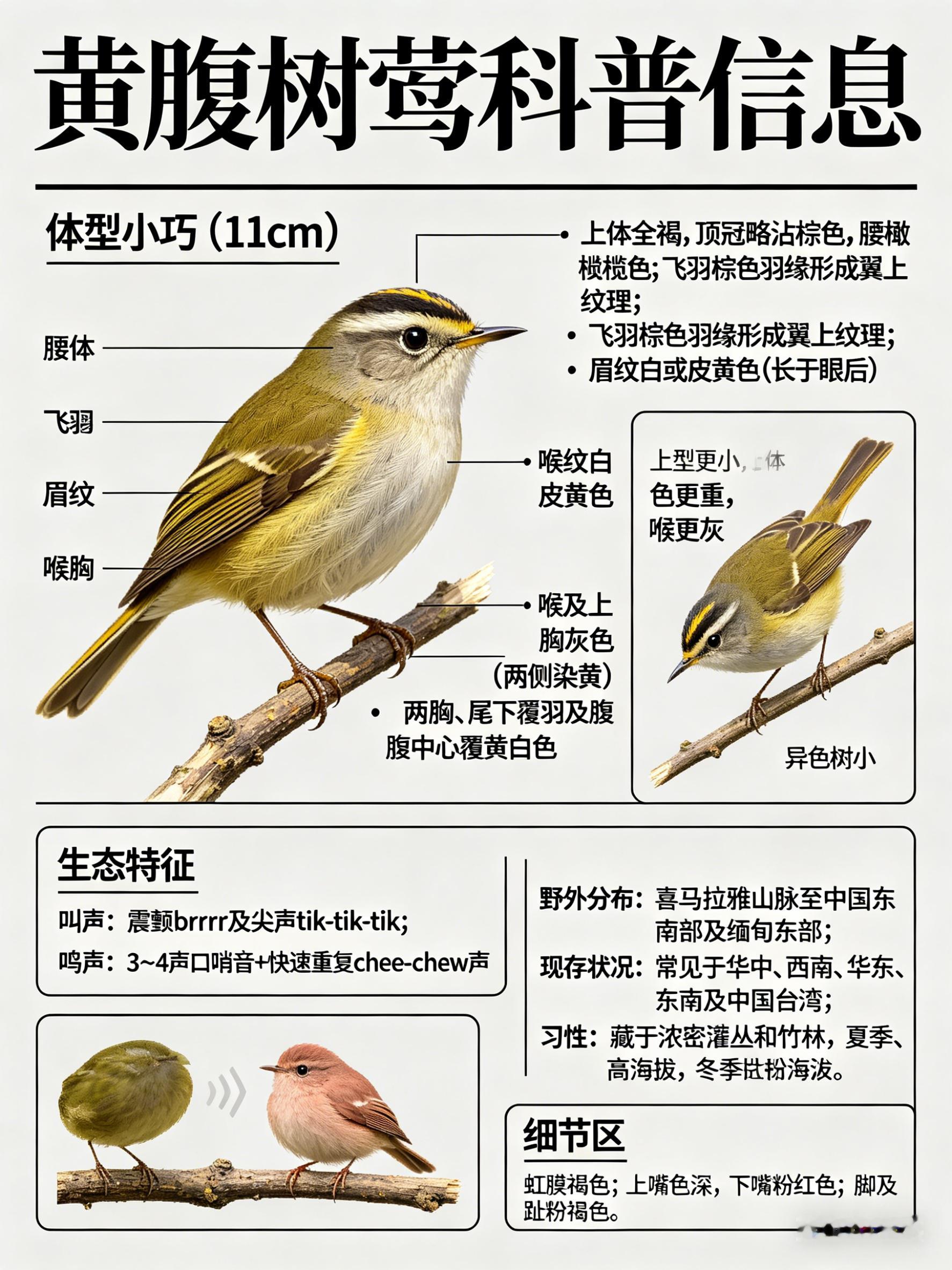 鸟类朋友图鉴黄腹树莺·科属：雀形目，莺科。·外形特征：体型小巧（11cm）的单