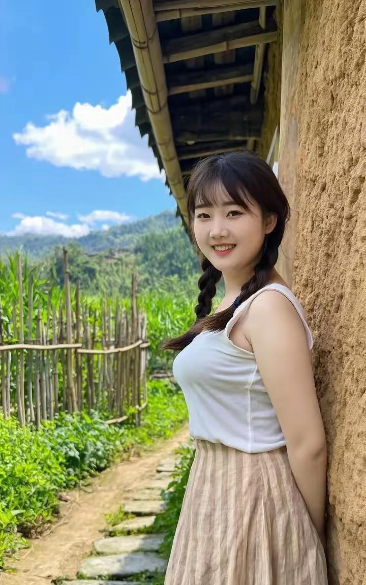 屋檐下的小妹土墙边，小妹倚着屋檐。编辫垂在肩头，随着笑意轻晃。白背心衬着日光，