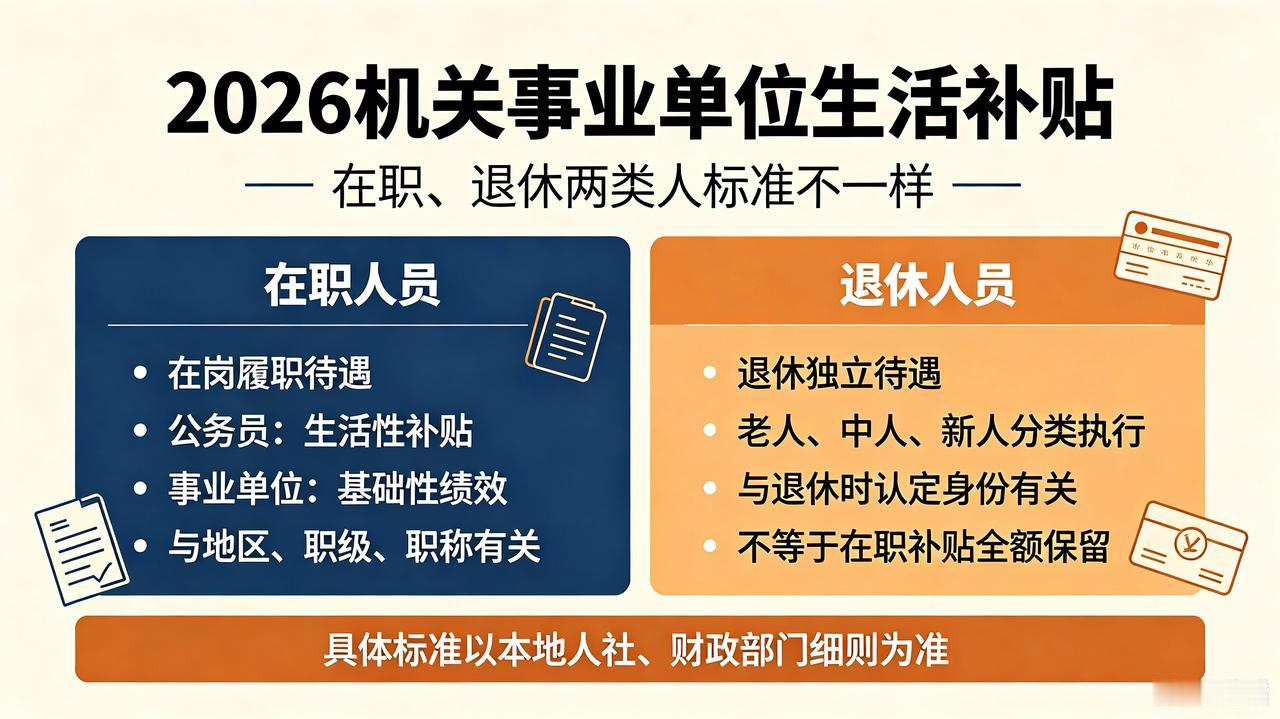 2026机关事业单位生活补贴，在职、退休两类人标准不一样不少机关事业单位在
