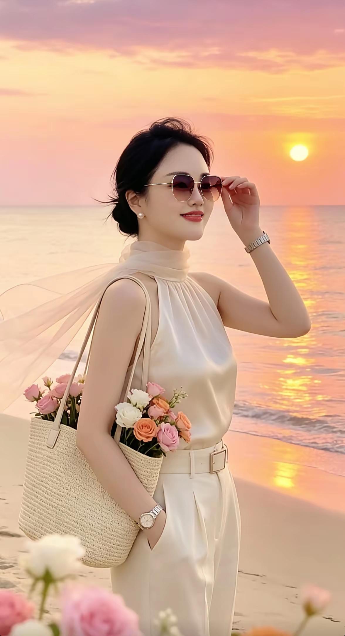 夕阳西下，画面美得就像一幅画。海边日落时，一位美女笑靥如花，阳光洒在她身上，勾