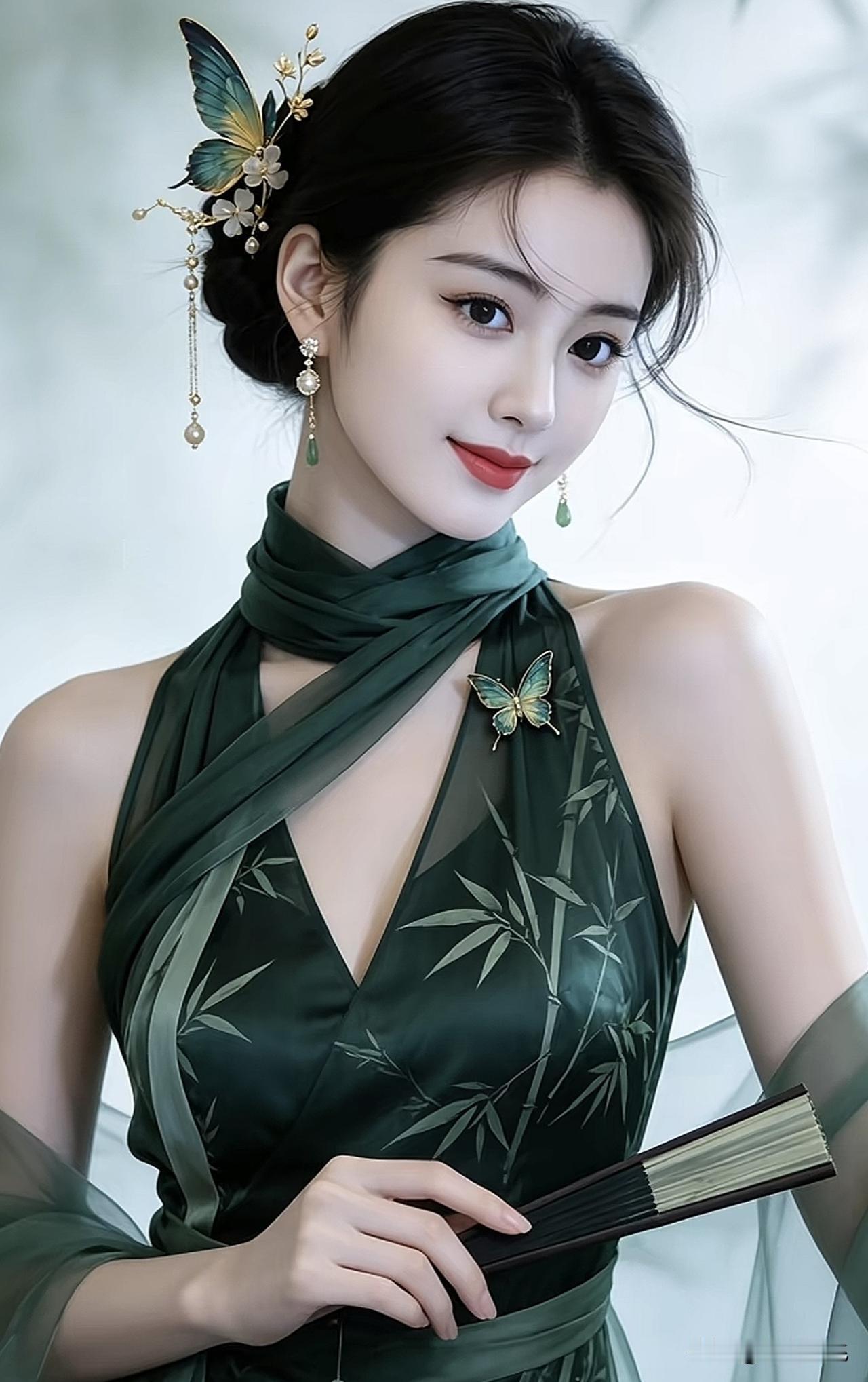 东方古典美，绿衣美人手持书卷，典雅动人。古典温婉美女古典国风美人绿裙美人古
