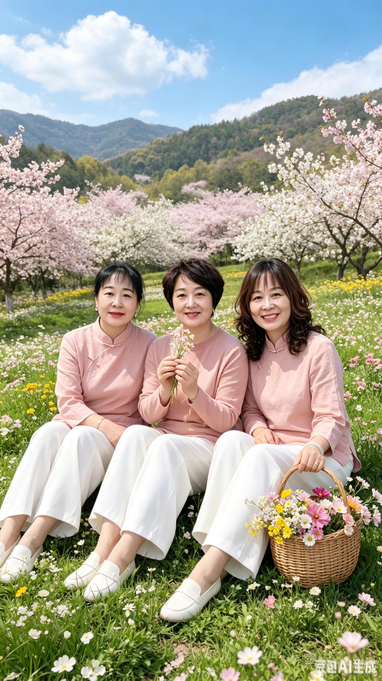 蓝天白云映远山，繁花满林春意绵。桃樱梨朵竞相绽，遍野野花色斑斓。提篮撷得