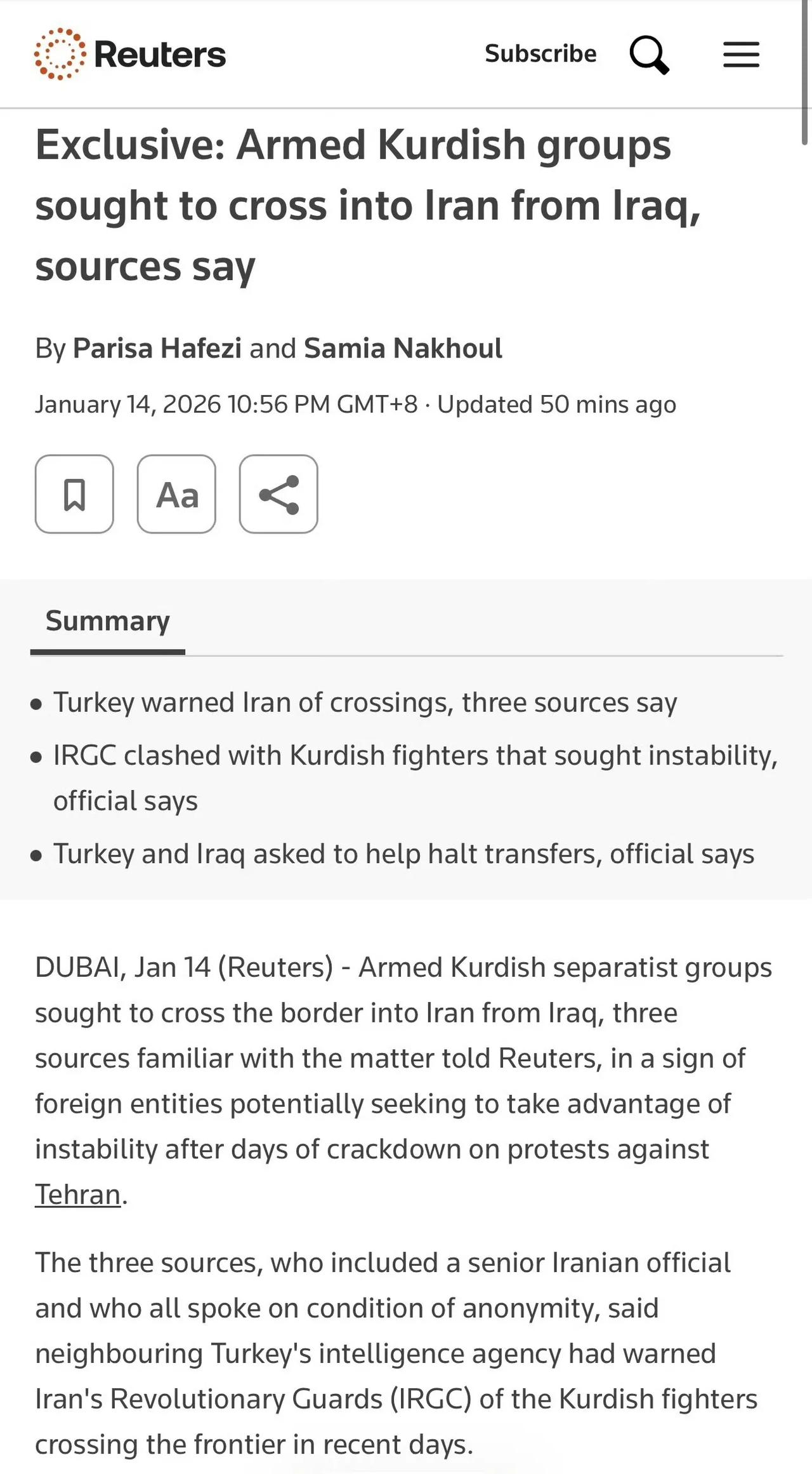 英国路透社报道称，伊朗出现动乱之后，土耳其国家情报局（MIT）向伊朗伊斯兰革命卫