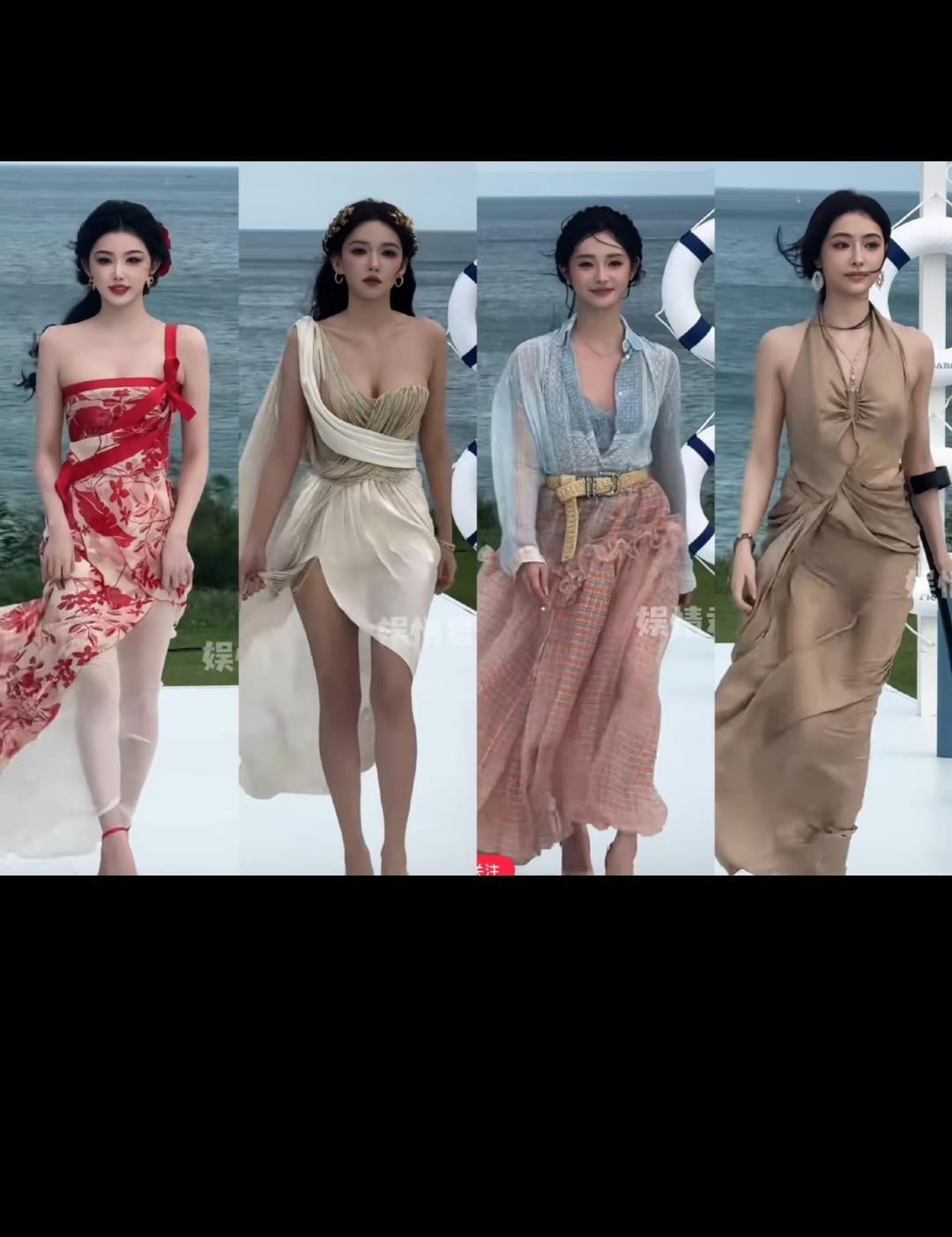 四个美女同框，奶萧真的是名不虚传！！只不过她的衣服有点拉，再加上海边的风有点凌