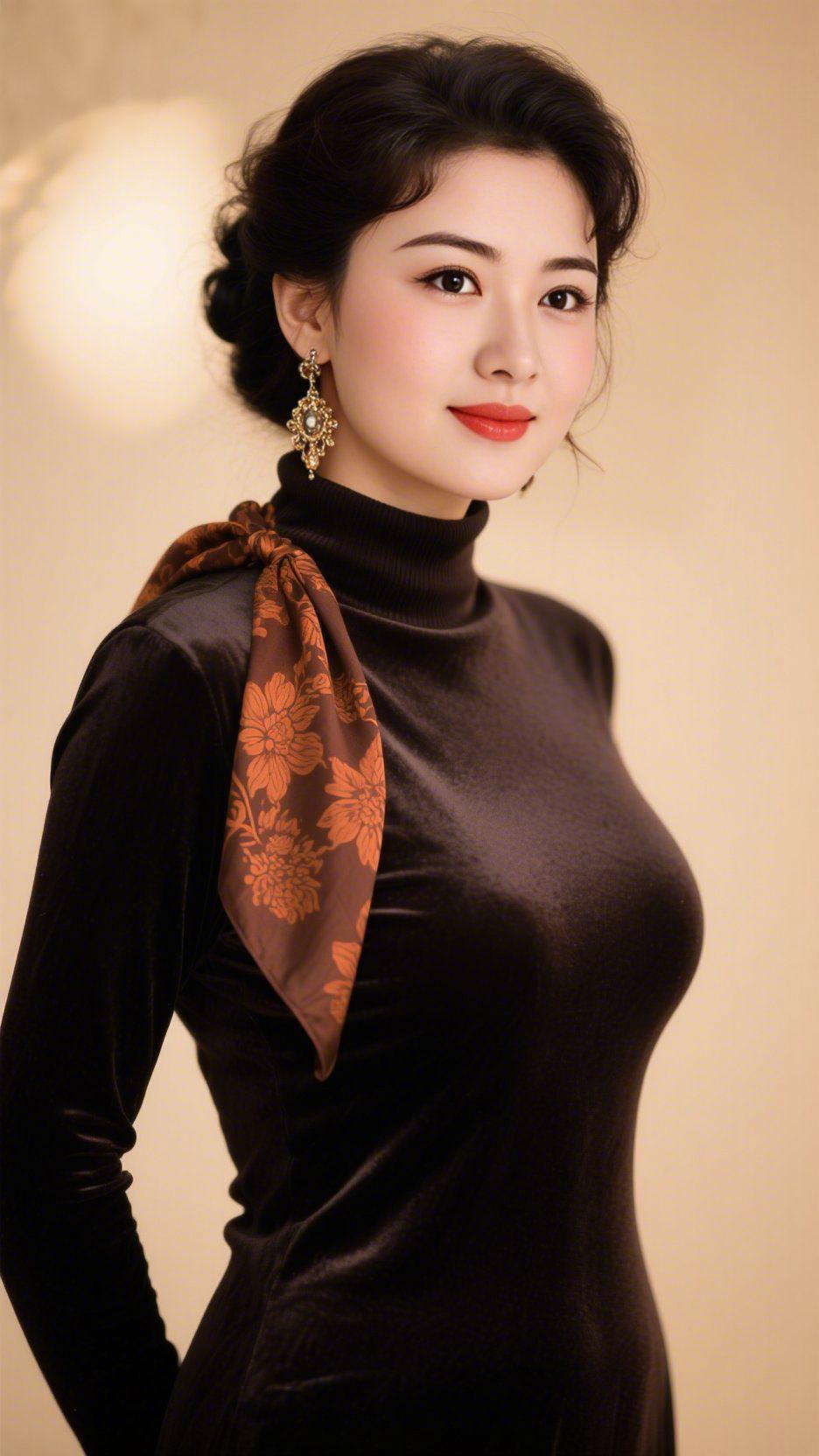 暖棕意暖光轻裹柔绒衣料，落在肩侧丝巾的花影上。深棕衣衫浸着温软的光，