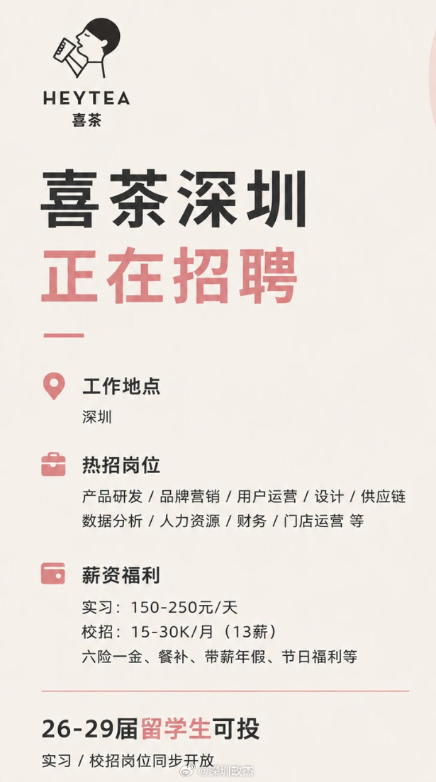 深圳喜茶校招，15-30K/月，六险一金、餐补、带薪年假。深圳