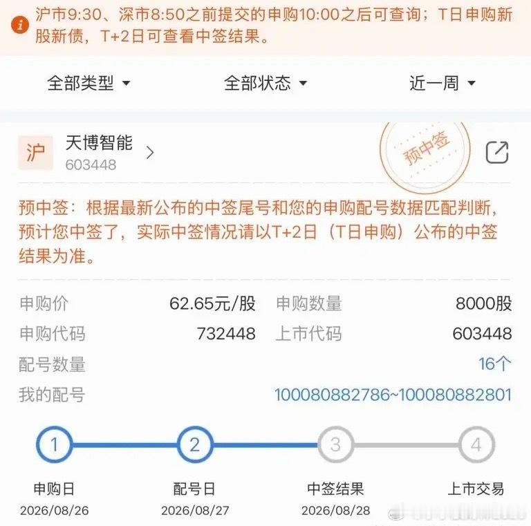 新股天博智能的中签好消息出来啦！一网友申购了8000股，配号16个，没想到中签了