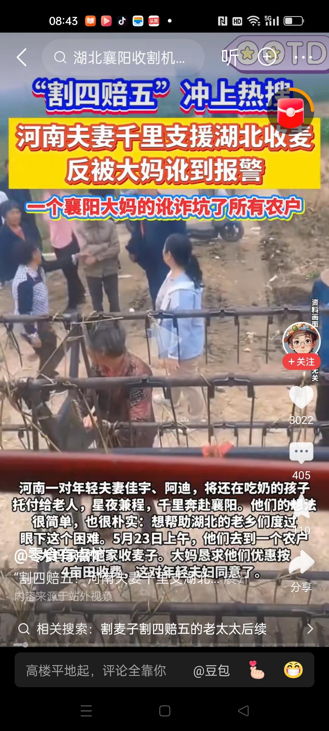 襄阳大妈凭一己之力，吓走所有收割机，致使大片麦子没有收割，再下雨都要烂在地里了。