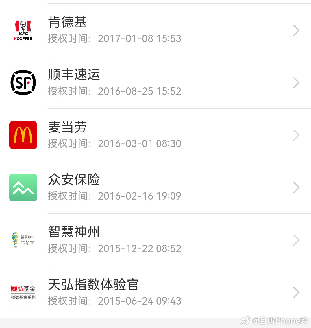支付宝账号解除授权按照路径查了一下，最早的一笔授权是2015年天弘XXX，都不