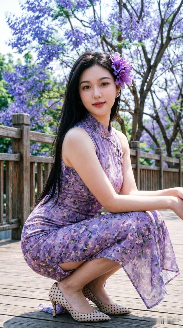 碎花裙和环境很搭啊，今天特意穿了这条紫色小裙子来拍蓝花楹，没想到颜色配上了！头上