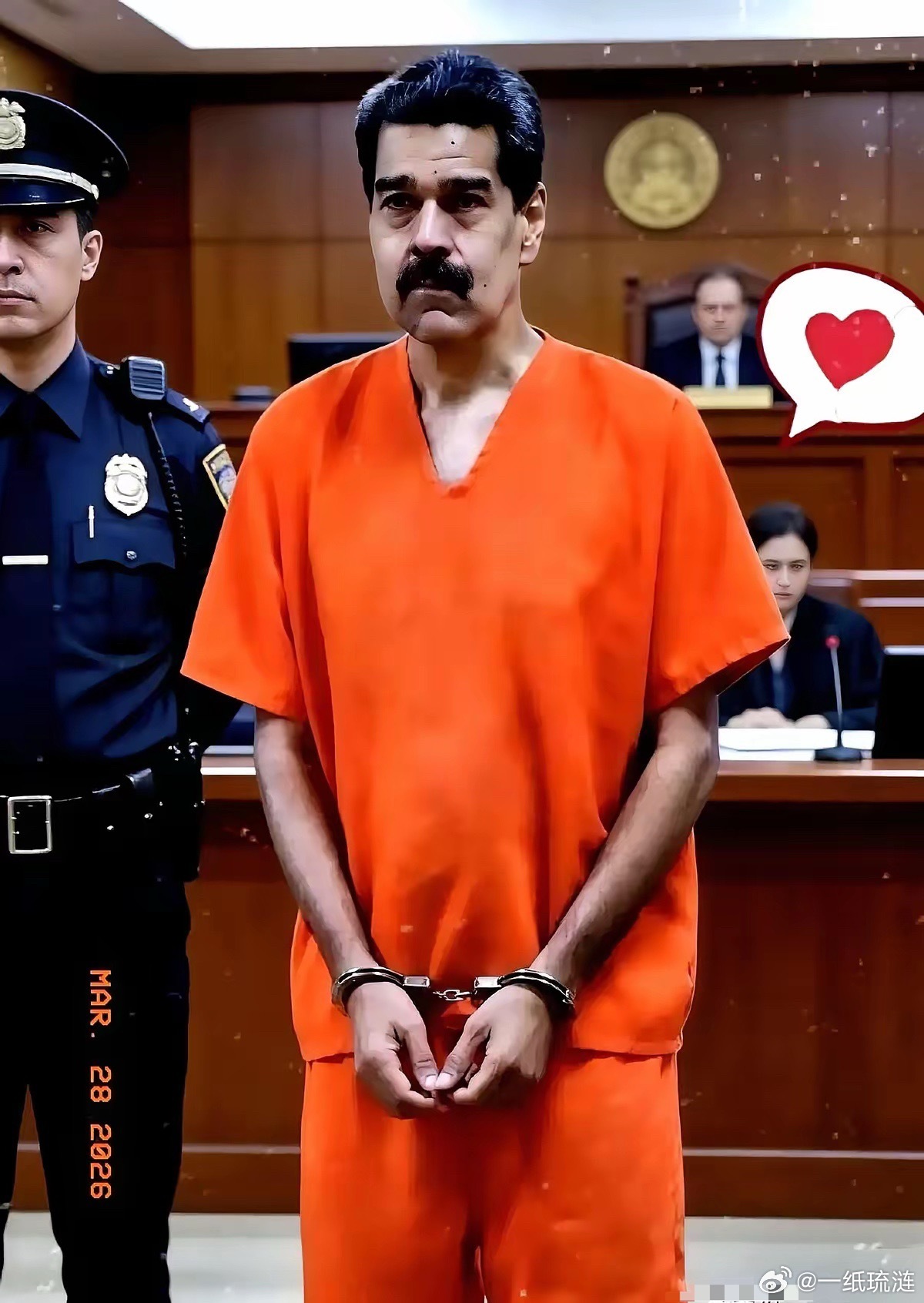 马杜罗的第二次庭审，镜头推上去，人瘦了整整13公斤。他穿着囚服坐在纽约的法庭里，