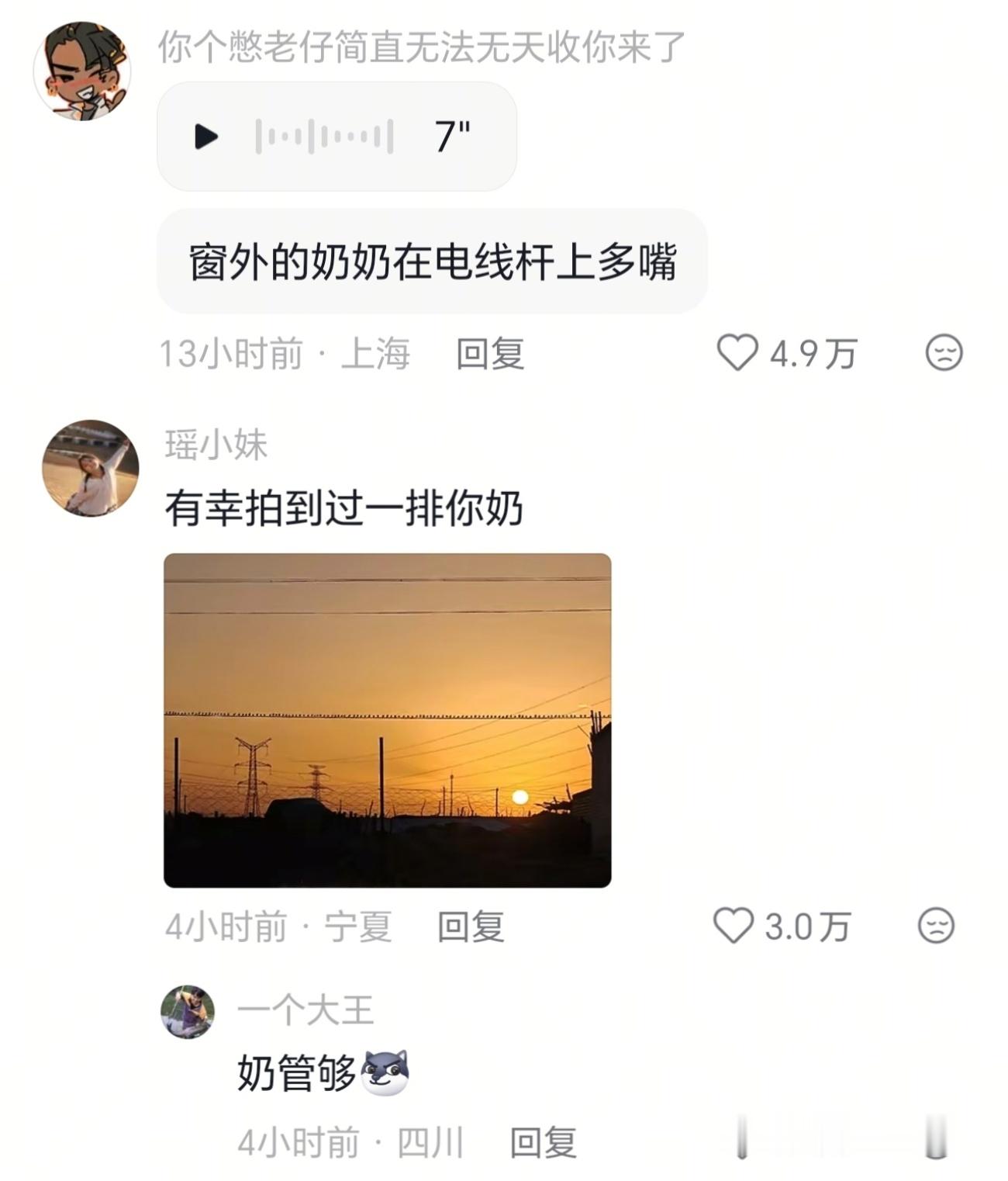 有人说他奶奶变成一只小麻雀回来看他了，因为他叫一句奶，麻雀就应一句，我以为评论区