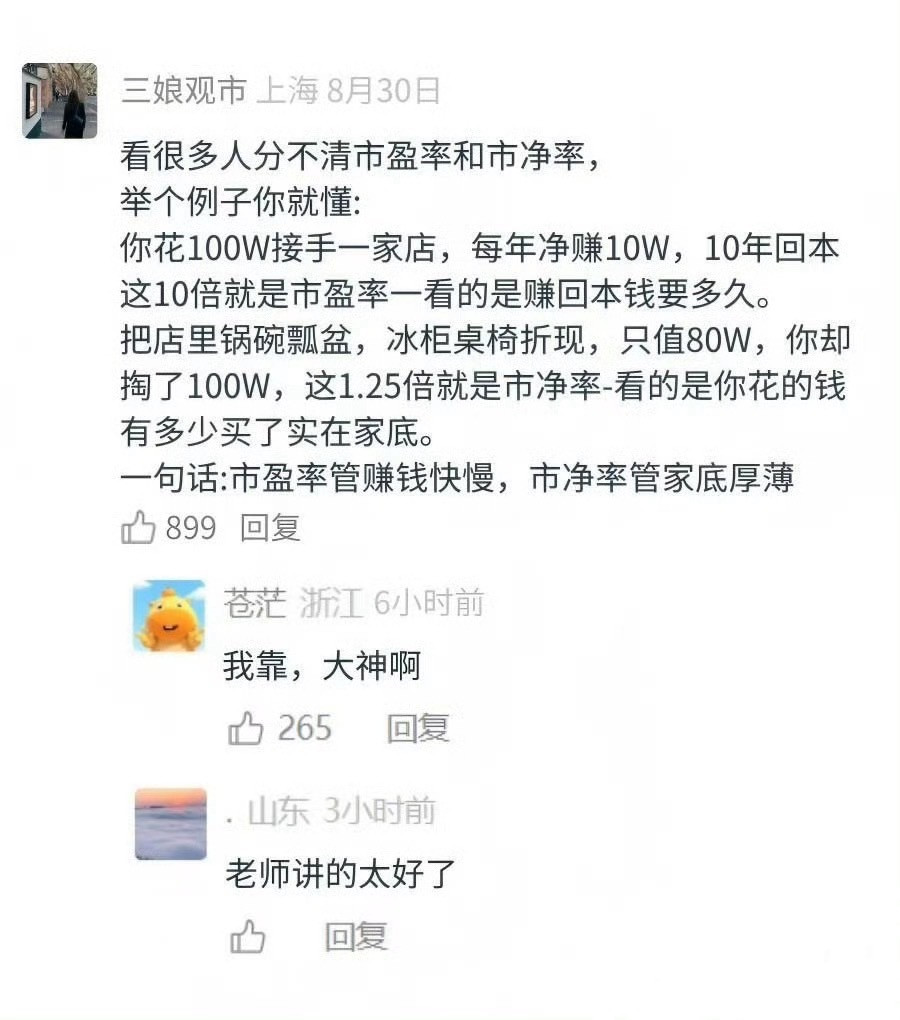 这是最通俗易懂的市盈率和市净率的解释了。​​​